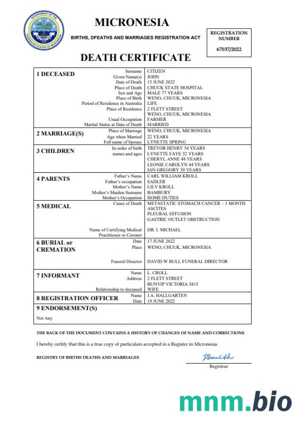 Micronesia rekord życiowy śmierć certyfikat Word i PDF szablon